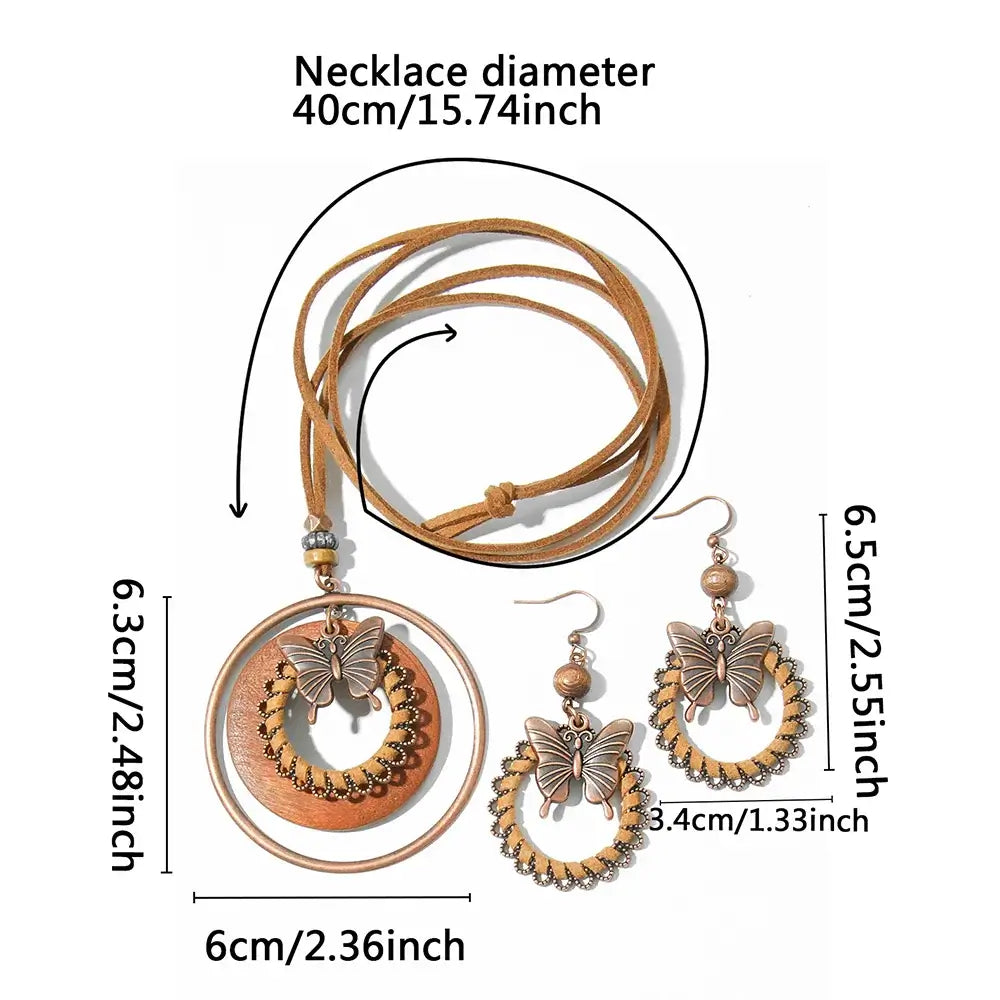 Vintage Butterfly Jewelry Set Pendant Double-layer Necklace log Style Handmade Winding PU Leather Sweater Chain Daily Wear Gifts