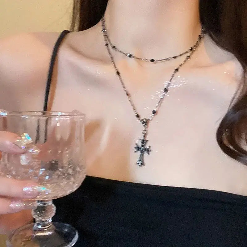 Summer Black Rhinestone Cross Jesus Pendant Choker Necklace for Women Punk Vintage Double Layers Chain 2025 Neck Boho Jewelry