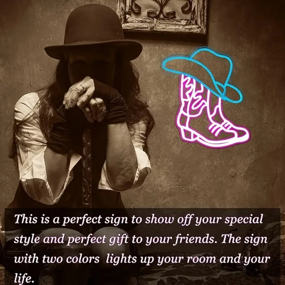 Cowboy Boots and Hats Neon Sign LED Western Aesthetic Mural USB Powered Bedroom Party Bar Wedding Christmas Birthday Gift