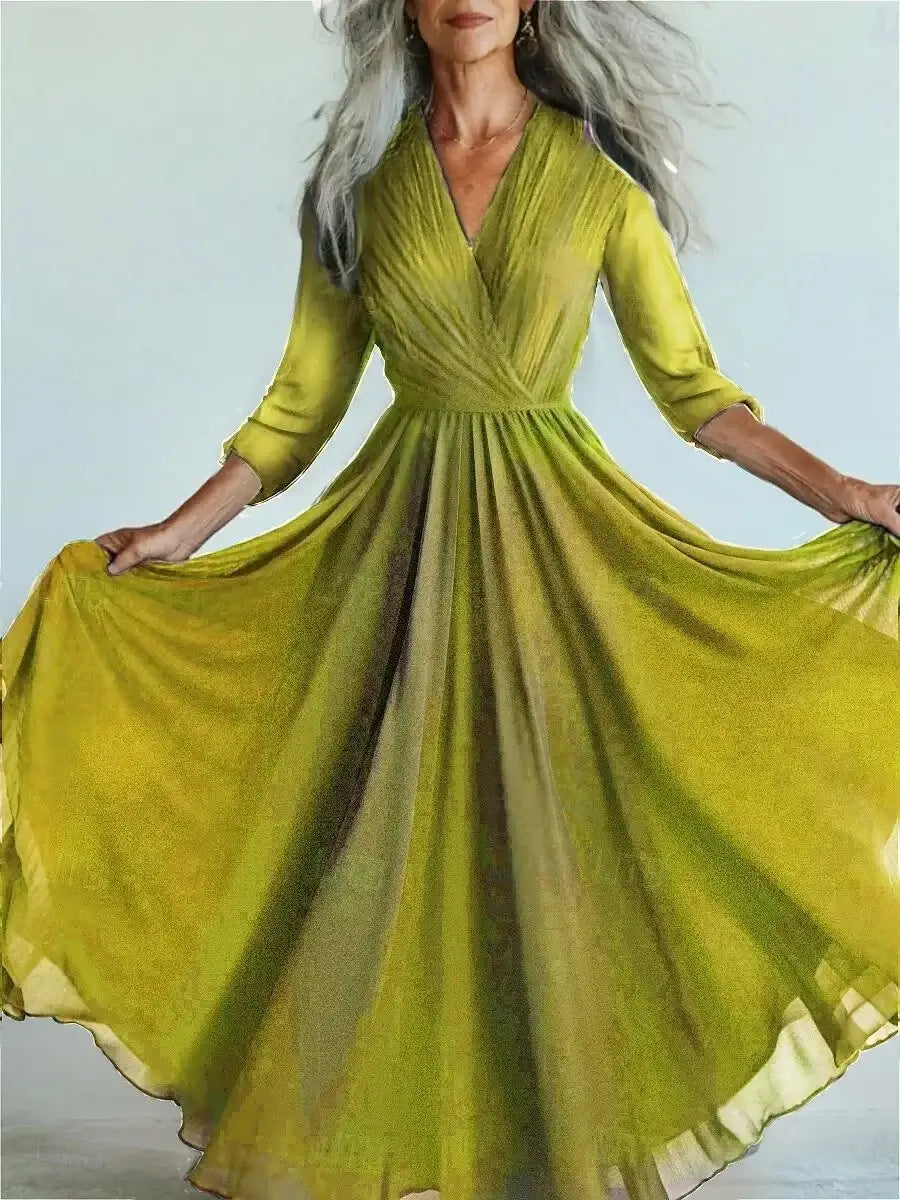 New Bohemian Style Long Sleeve Mesh Dress Vacation Vibes Full Skirt Chiffon Dress V-neck Ankle-length Regular Waistline