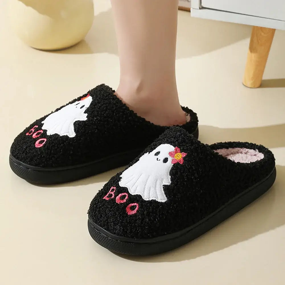 Halloween Ghost Plush Slippers Flat Thermal Slippers Comfortable Soft Furry Slipper Anti Slip Fuzzy Ghost Slippers for Men Women