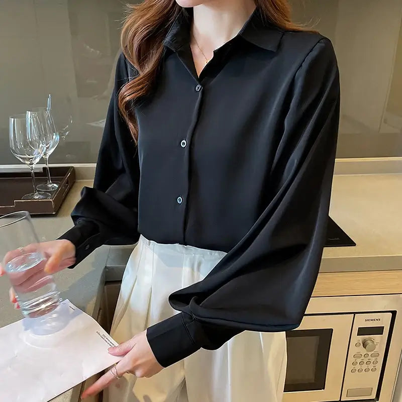 Office Lady Long Sleeve Turn Down Collar Women Shirt White Black
