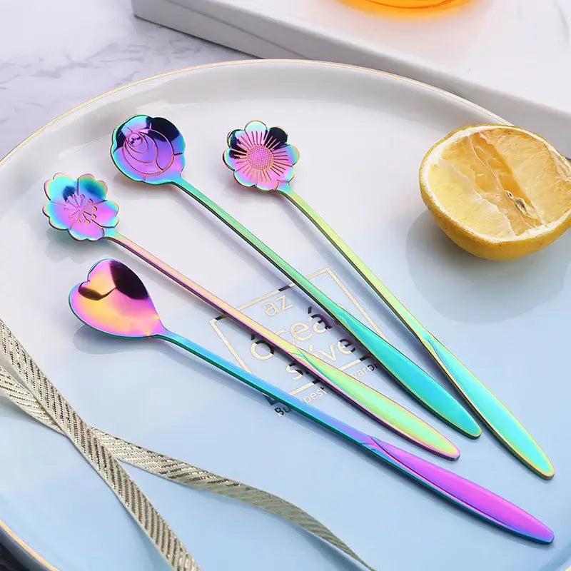 4 pcs Set Stainless Steel Small Flower Spoons Teaspoons Coffee Spoons Ice Cream Dessert Spoons Household Kitchen Utensils