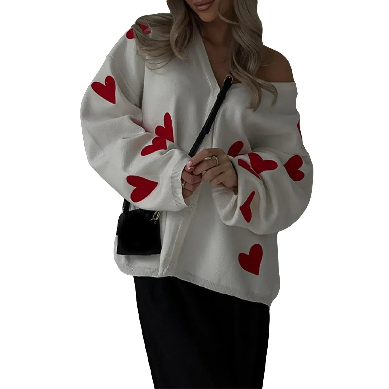 Women s Autumn Loose Knit Cardigan Heart Embroidery Long Sleeve V-Neck Sweater Button Down Jacket