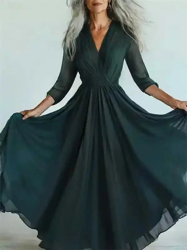 New Bohemian Style Long Sleeve Mesh Dress Vacation Vibes Full Skirt Chiffon Dress V-neck Ankle-length Regular Waistline