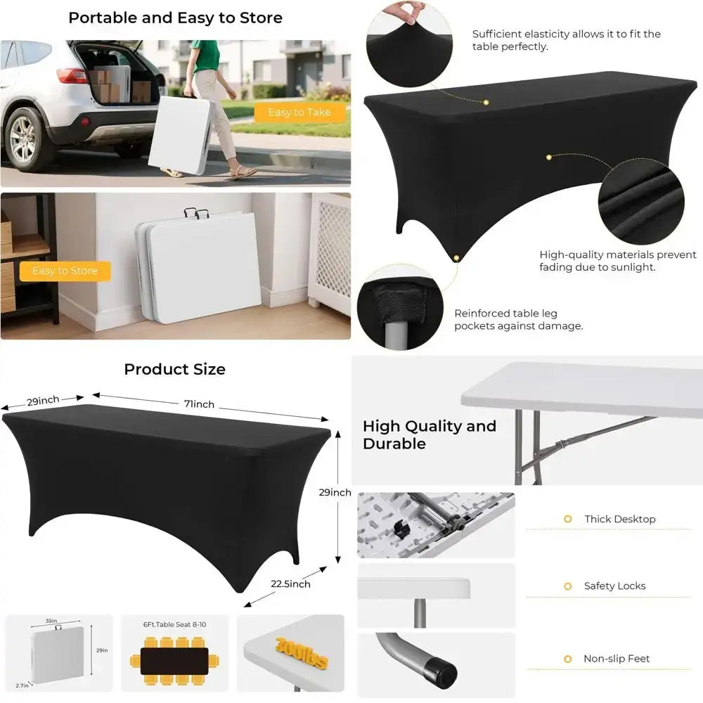 Portable 6ft Folding Table with Black Cloth, HDPE Top, Safety Locks, Compact Storage, Ideal for Outdoor Dining and Events