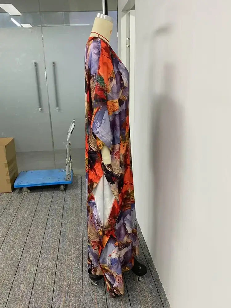 fashion women Bohemia Long Dresses Vacation Printed Maxi Dress Elegant Vintage Gauze Asymmterical Batwing Sleeves party dress