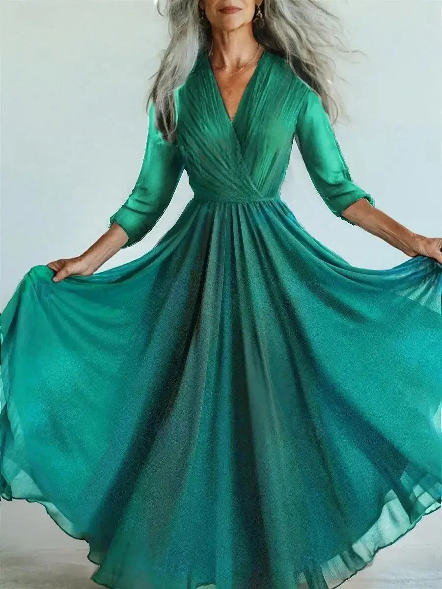 New Bohemian Style Long Sleeve Mesh Dress Vacation Vibes Full Skirt Chiffon Dress V-neck Ankle-length Regular Waistline