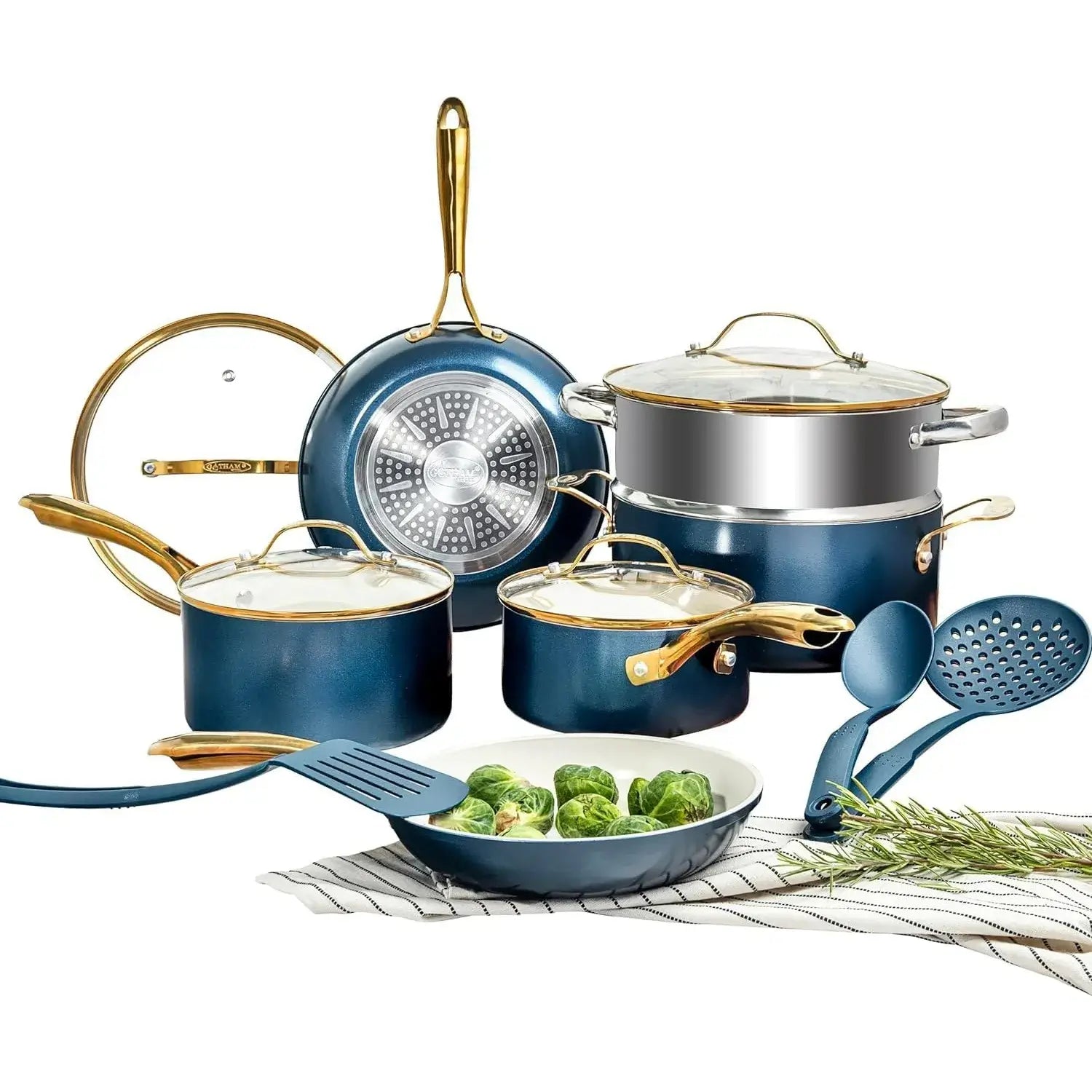 15 Pc Navy Ceramic Non-Stick Cookware Set