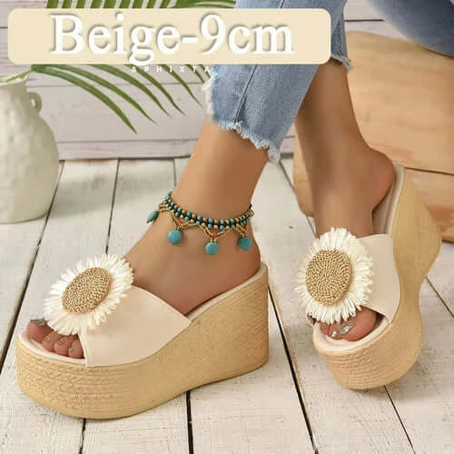 Aphixta Beige Summer 9cm Wedge Heels Slippers Women Bohemian Sunflower