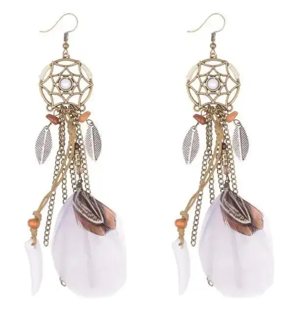 Boho Ethnic Dream Catcher Feather Antique Long Hook Earrings Fancy Handmade Chain Tassle Earring For Women Jewelry