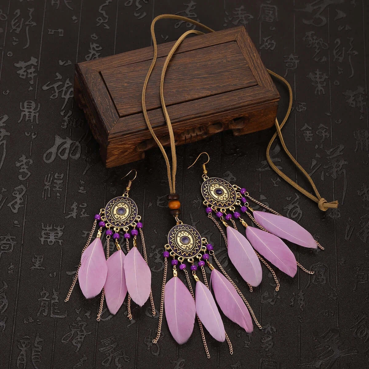 2pcs Feather Necklace Earring Set Women&