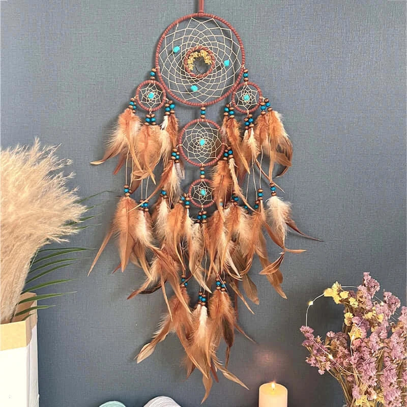Dream Catcher Handmade Crystal Stone Brown Feathers Wind Chimes Living Room Bedroom Hanging Ornaments Festival Gifts Home Decor
