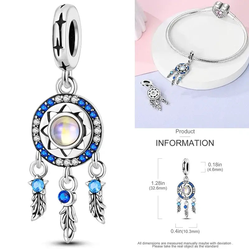 Hot Dream Catcher Feather 925 Sterling Silver Purple Colorful Moon Dreamy Blue Charm Original Fits Women DIY Jewelry Girl Charms