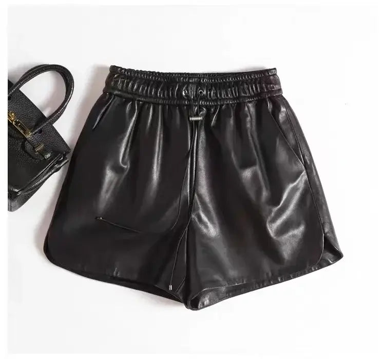 Goatskin Shorts for Women Italian Fashion Wide Leg Slim Drawstring Genuine Leather Pants Mujer Brown Pantalones Cortos Clothing
