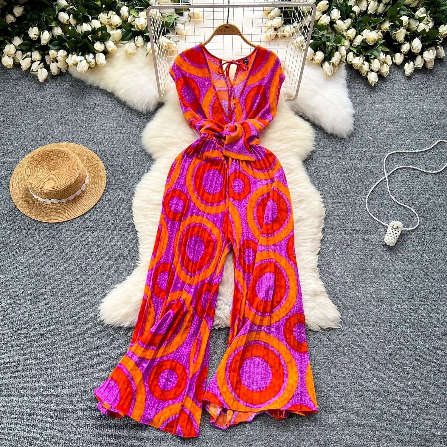 Chic Summer Jumpsuit - Abstract Print Wide Leg Romper