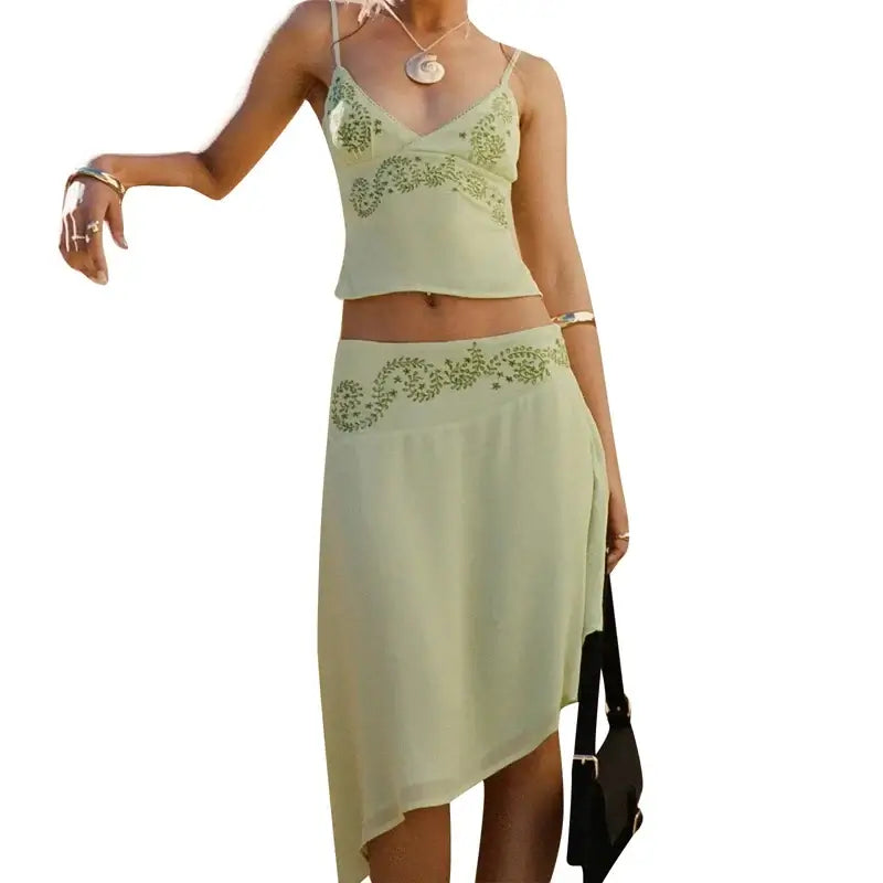 Women 2 Piece Skirt Outfit Boho Floral Spaghetti Strap Backless Tie Up Cami Crop Top Irregular Hem Midi Skirt Holiday Beachwear