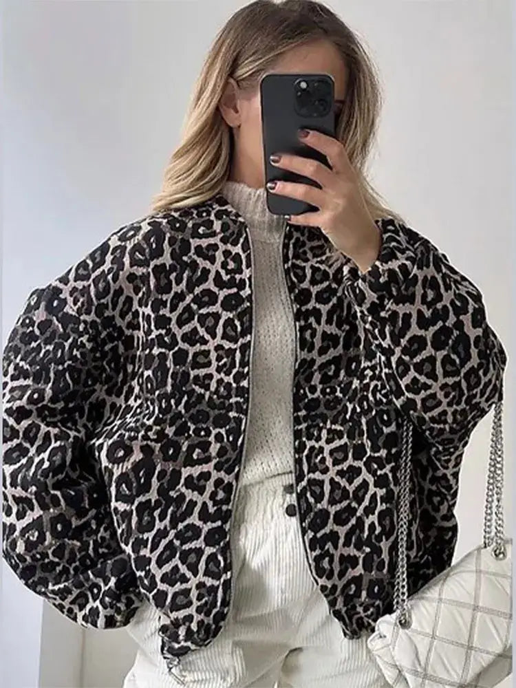 2024 Fashion Leopard Zipper Long Sleeved Women&