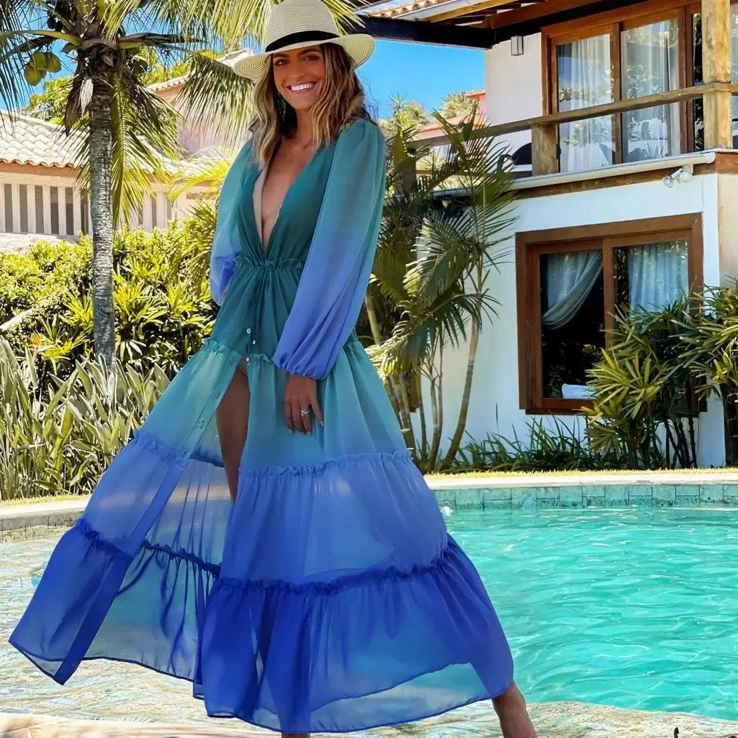 Blue Eyes Bikini Beach Cover Up Tunics For Beach Long Kaftan Bikini Cover Up Robe de Plage Sarong Beach Swimsuit Cover-ups