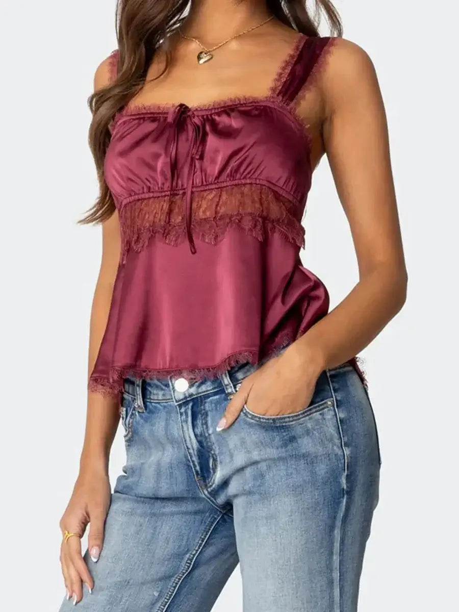 Women s Lace Trim Sleeveless Babydoll Tank Top with Square Neck and Backless Design Fit Crop Shirt for Summer Streetwear