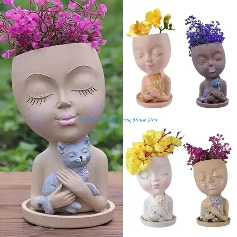 E56A Silicone Mold for Succulent Plant Pots Mini Garden Statues Boy and Puppy Flower Pot Mold Unique Pen Holder Resin Molds