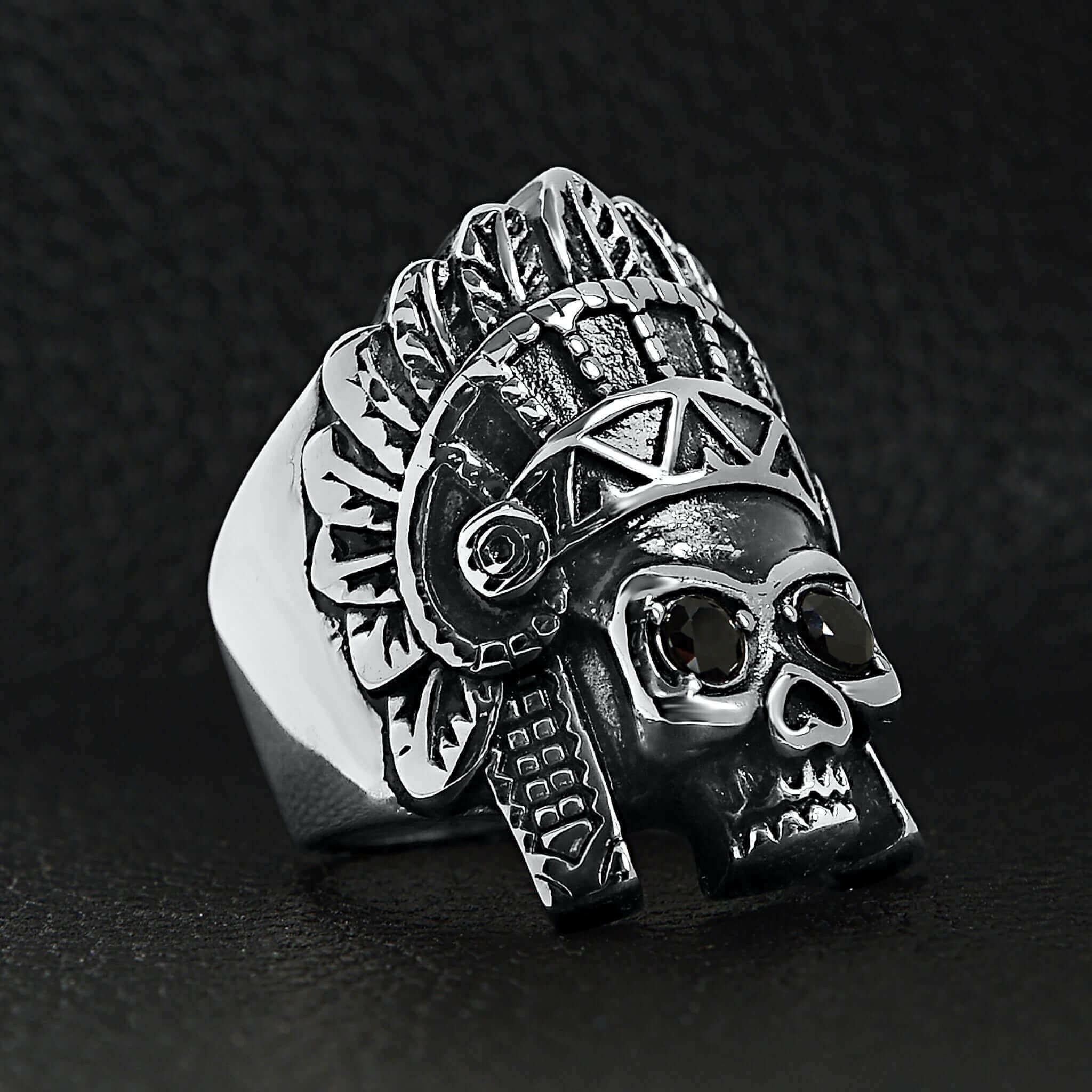Stainless Steel Black CZ Eyed Native American Chief Skull Ring /