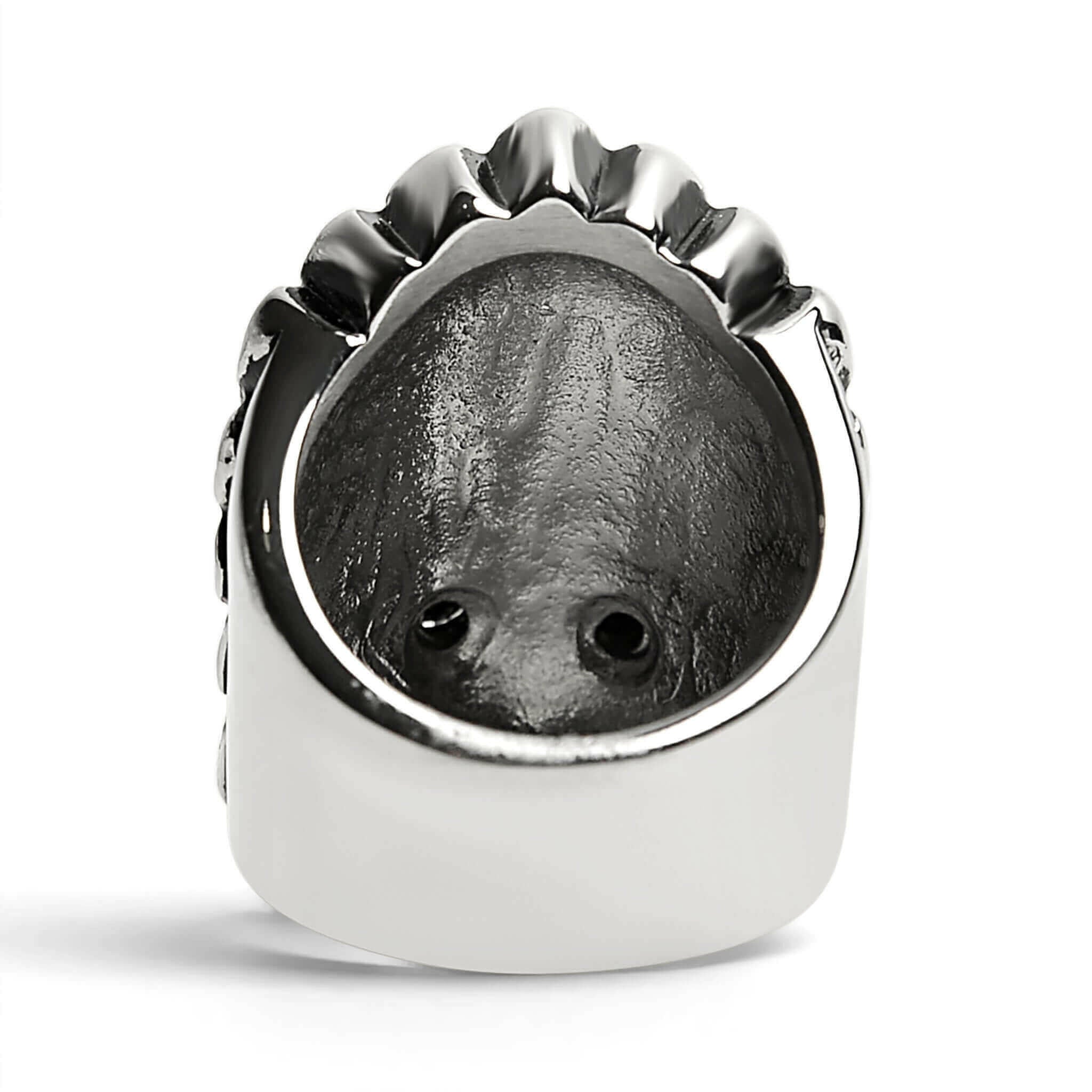 Stainless Steel Black CZ Eyed Native American Chief Skull Ring /