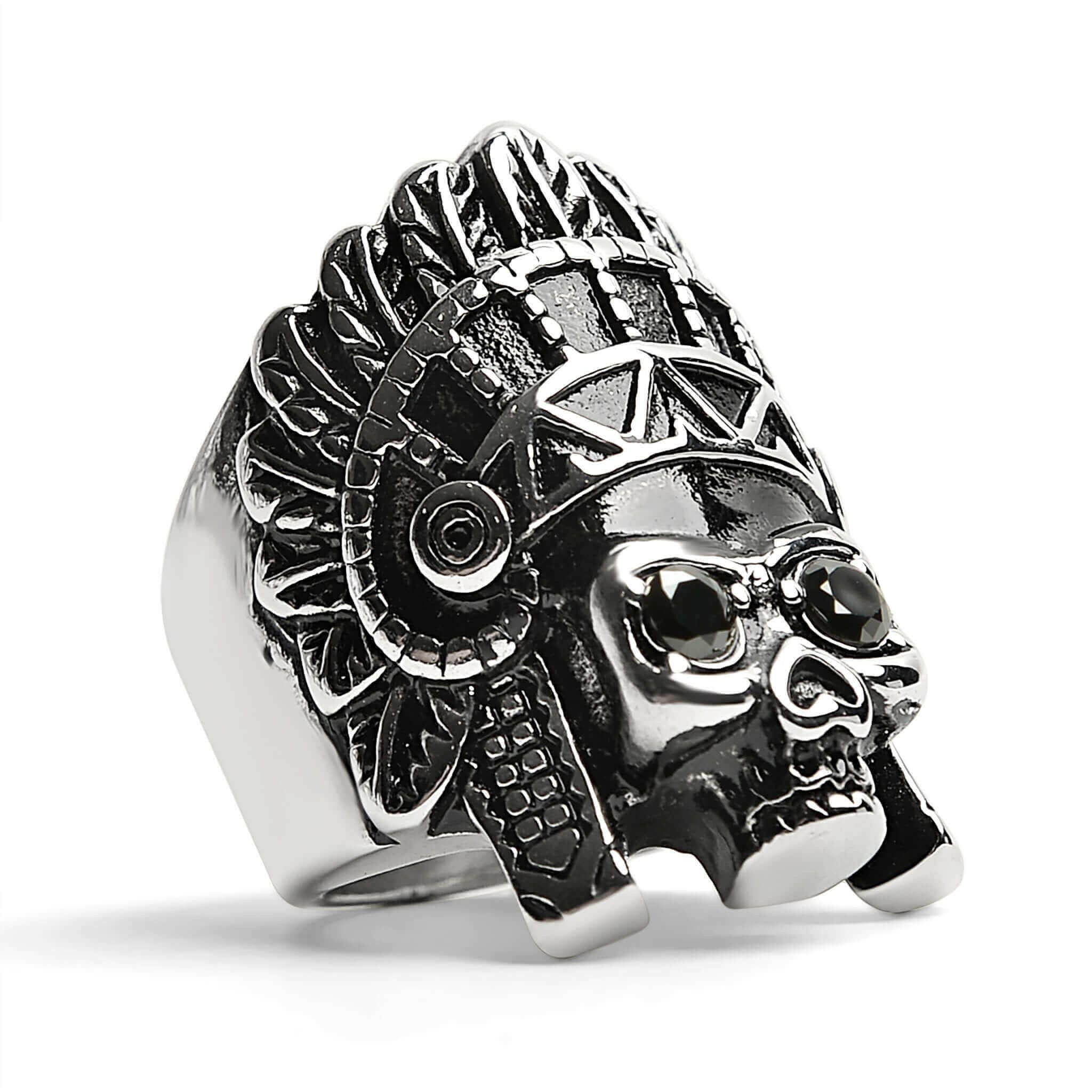 Stainless Steel Black CZ Eyed Native American Chief Skull Ring /