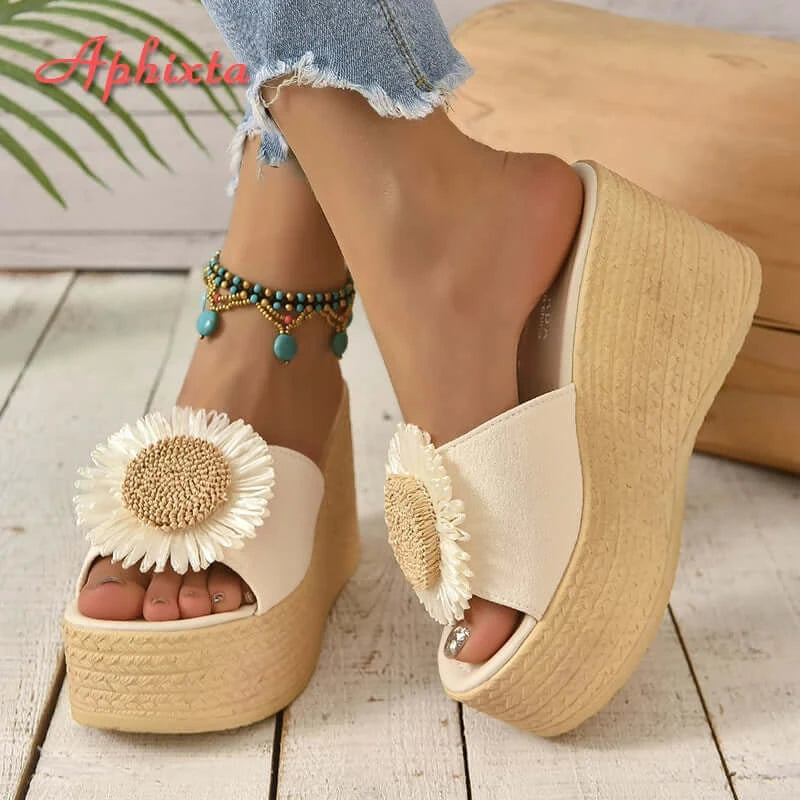 Aphixta Beige Summer 9cm Wedge Heels Slippers Women Bohemian Sunflower