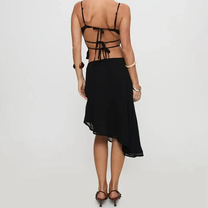 Women 2 Piece Skirt Outfit Boho Floral Spaghetti Strap Backless Tie Up Cami Crop Top Irregular Hem Midi Skirt Holiday Beachwear