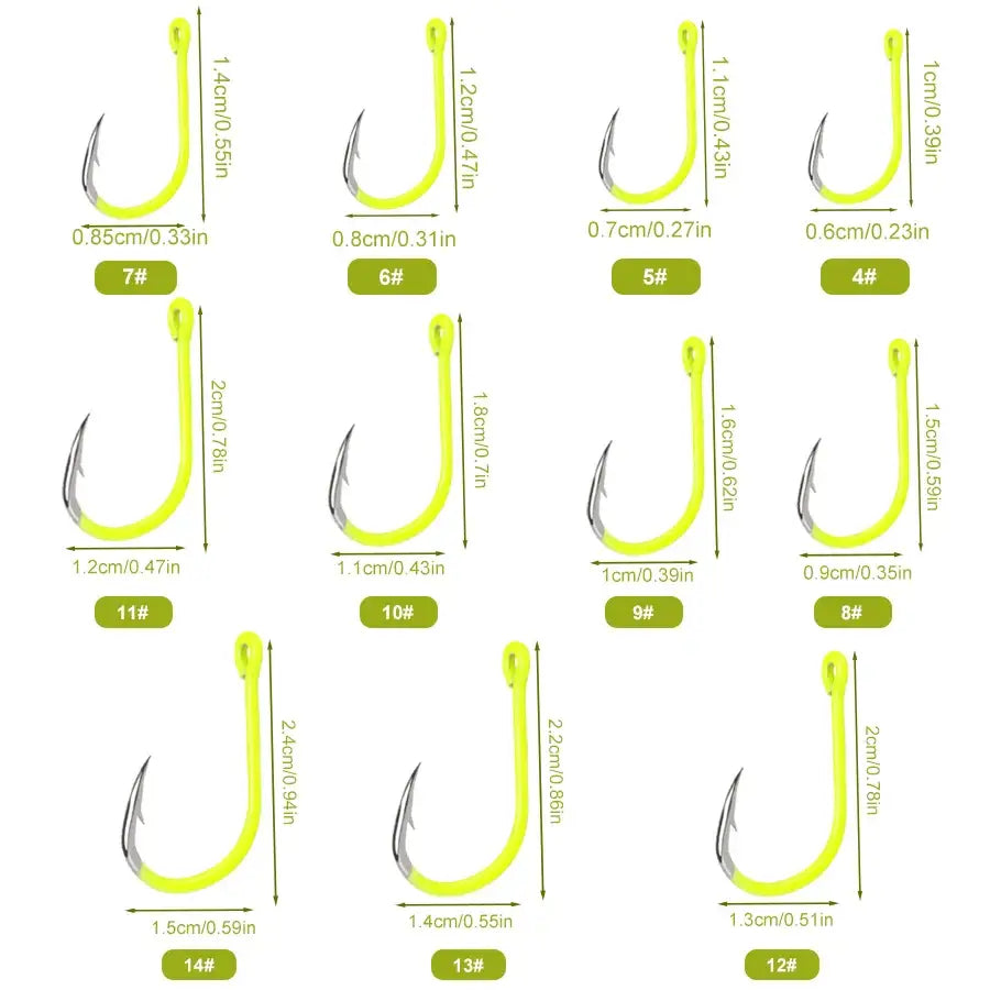FTK 50PCS Sharp High-carbon Steel Fishhooks Barbed Fluorescent Fishing