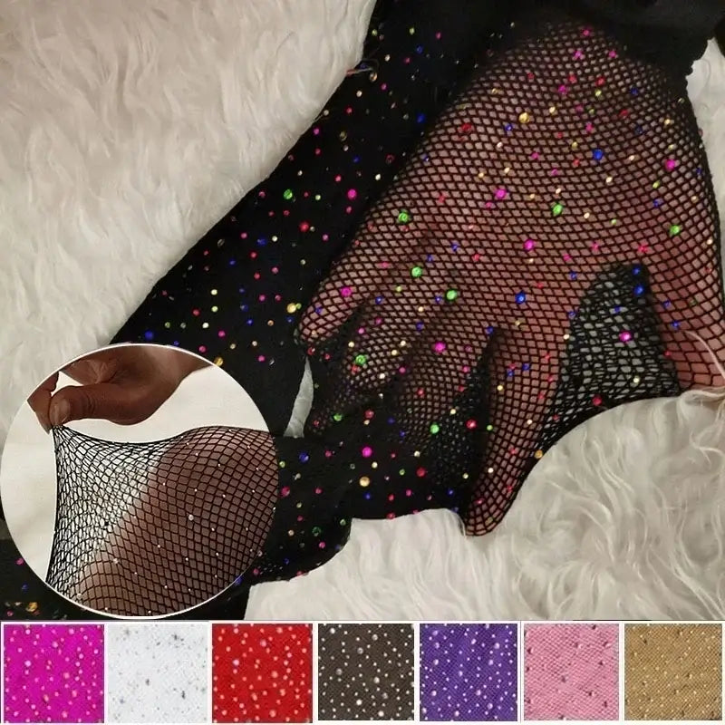 Fishnet Diamond Pantyhose Women Fashion Shiny Net Tights Female Slim Rhinestone Mesh Nylon Stockings Tights