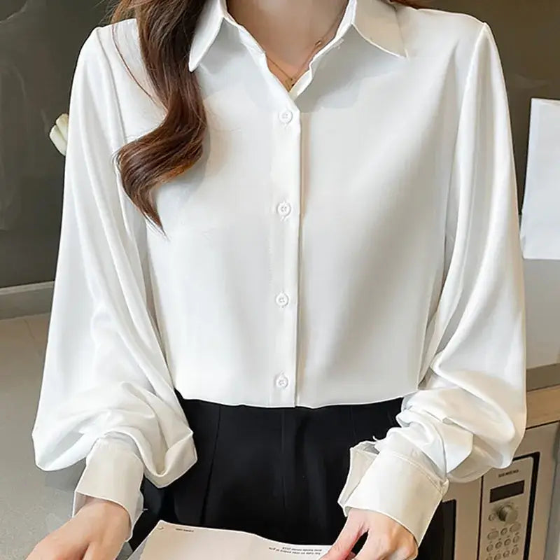 Office Lady Long Sleeve Turn Down Collar Women Shirt White Black