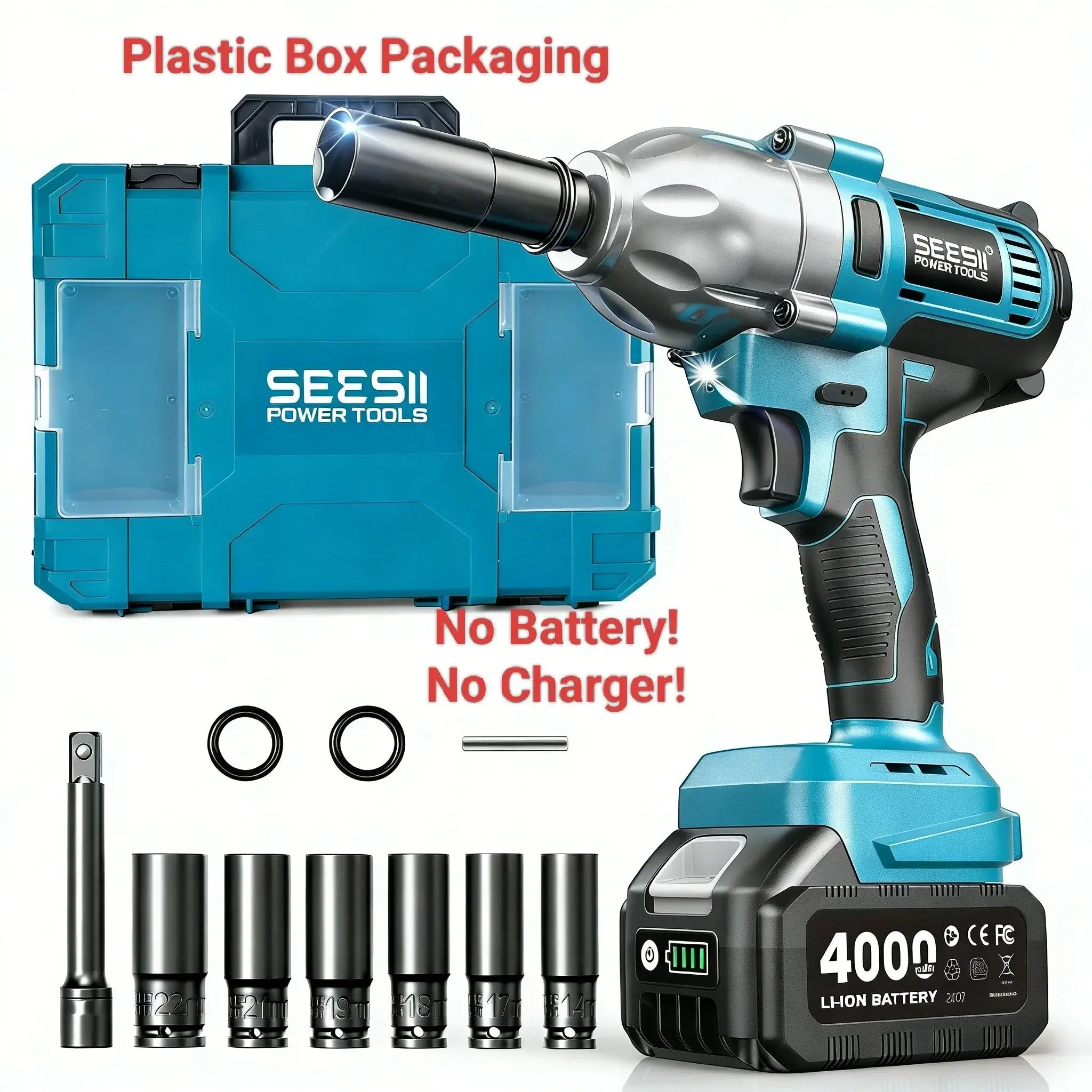 Seesii Real 1200N.m Electric Impact Wrench Brushless 1/2" High Torque Handheld Cordless Impact Gun Tool Kit LED Light 6 Socket