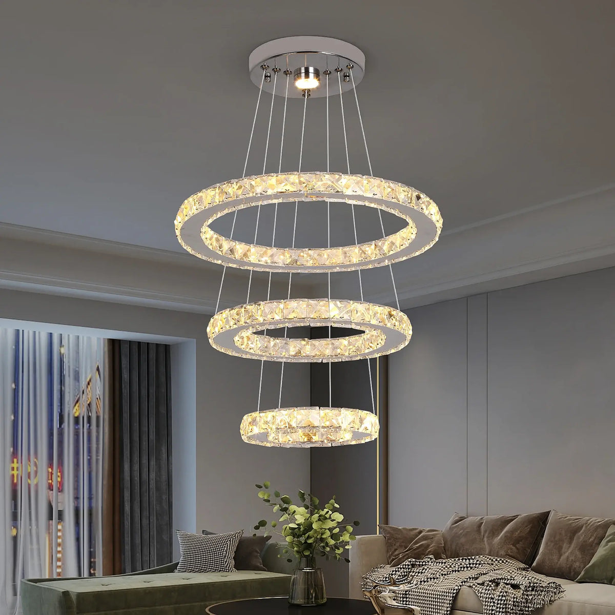 GreeLustr Crystal Ring LED Pendant Light, 1 or 3 Rings