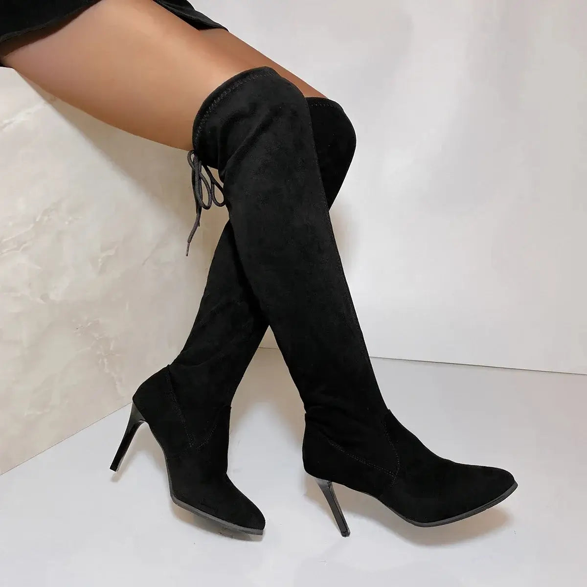 New Women Boot Fashion Suede Over The Knee Boot Lace Up Sexy High Heels Shoes Woman Slim Thigh High Women&