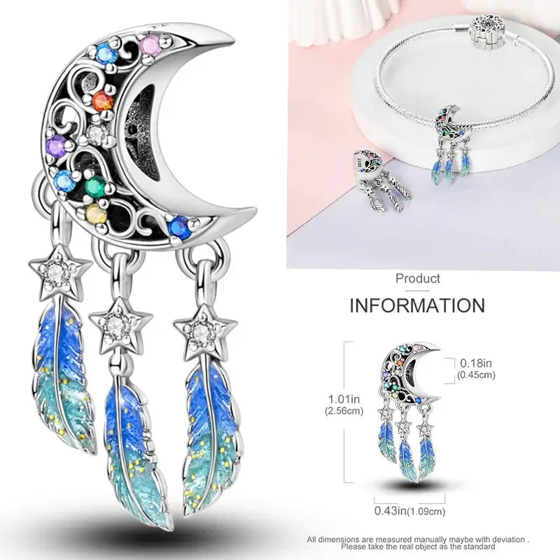 Hot Dream Catcher Feather 925 Sterling Silver Purple Colorful Moon Dreamy Blue Charm Original Fits Women DIY Jewelry Girl Charms