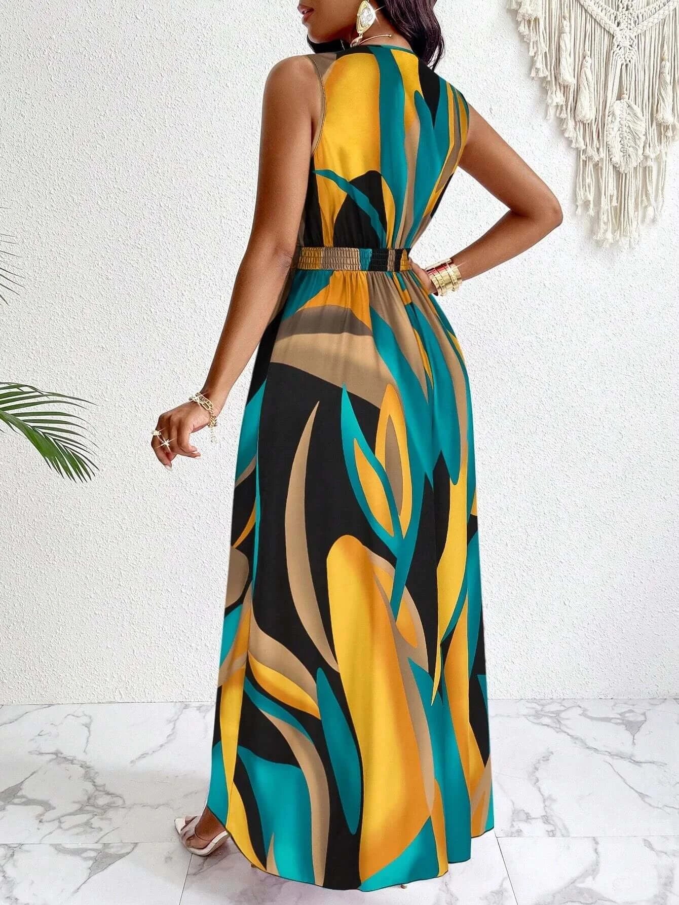 Tropical Print V-Neck Waist Section Cable Knit Fit And Flare Dress Maxi Women Outfit