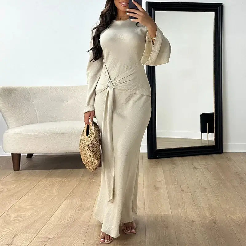 Elegant Women O Neck Lace Up Slim Robe Dress