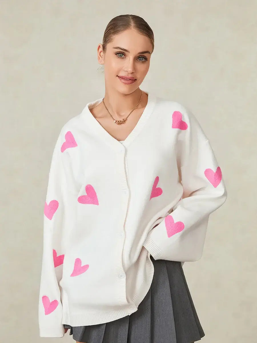 Women s Autumn Loose Knit Cardigan Heart Embroidery Long Sleeve V-Neck Sweater Button Down Jacket