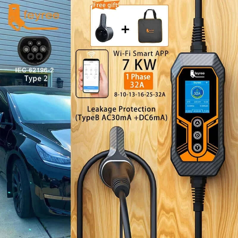 feyree Portable EV Charger Type2 32A 7KW EVSE Wi-Fi APP Control