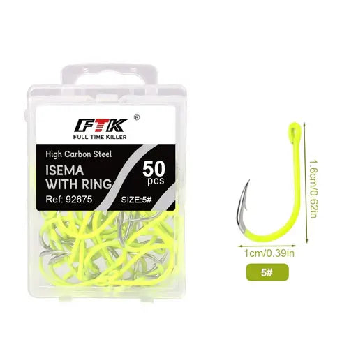FTK 50PCS Sharp High-carbon Steel Fishhooks Barbed Fluorescent Fishing