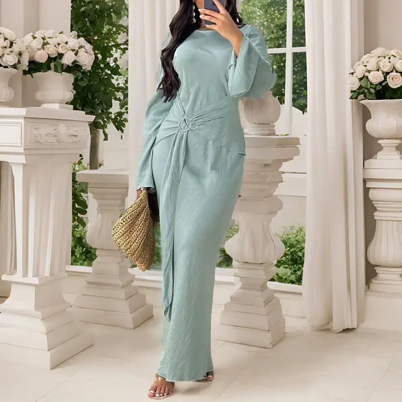 Elegant Women O Neck Lace Up Slim Robe Dress