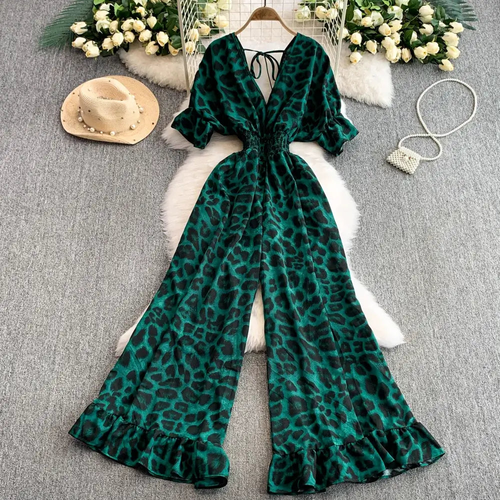 Elegant V-Neck Leopard Print Jumpsuit for Summer