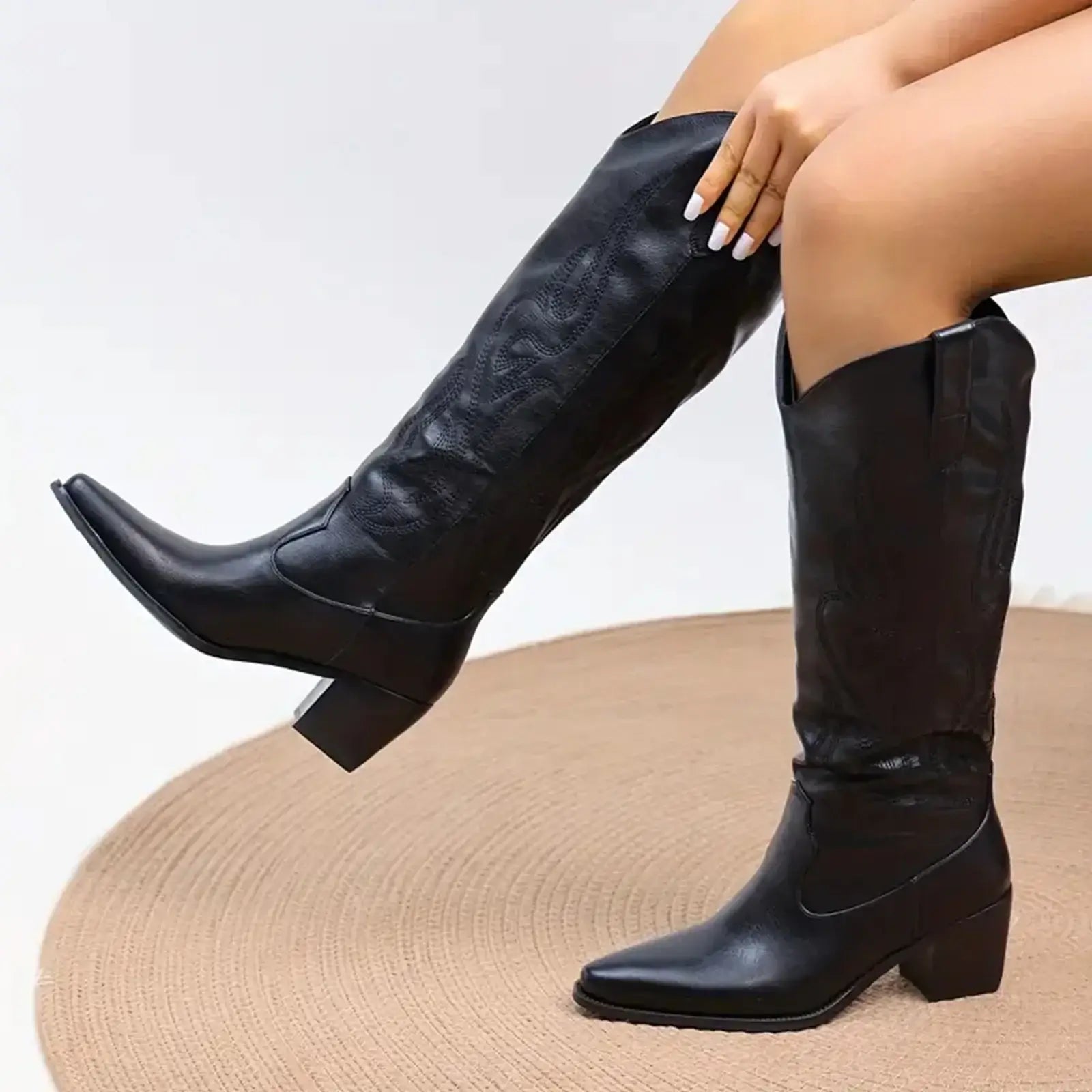 Cowboy Boots for Women - Black Knee High Cowgirl Boots with Classic Embroidered, Slip On Pointed Toe Fashion Retro Black