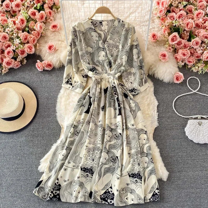 Elegant Floral V-neck Midi Dress for Women