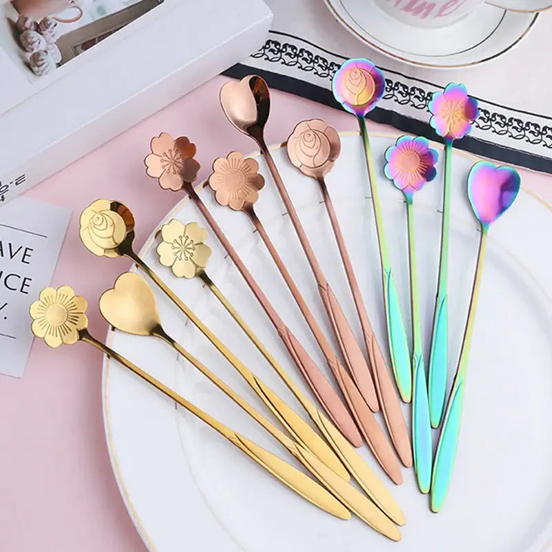 4 pcs Set Stainless Steel Small Flower Spoons Teaspoons Coffee Spoons Ice Cream Dessert Spoons Household Kitchen Utensils