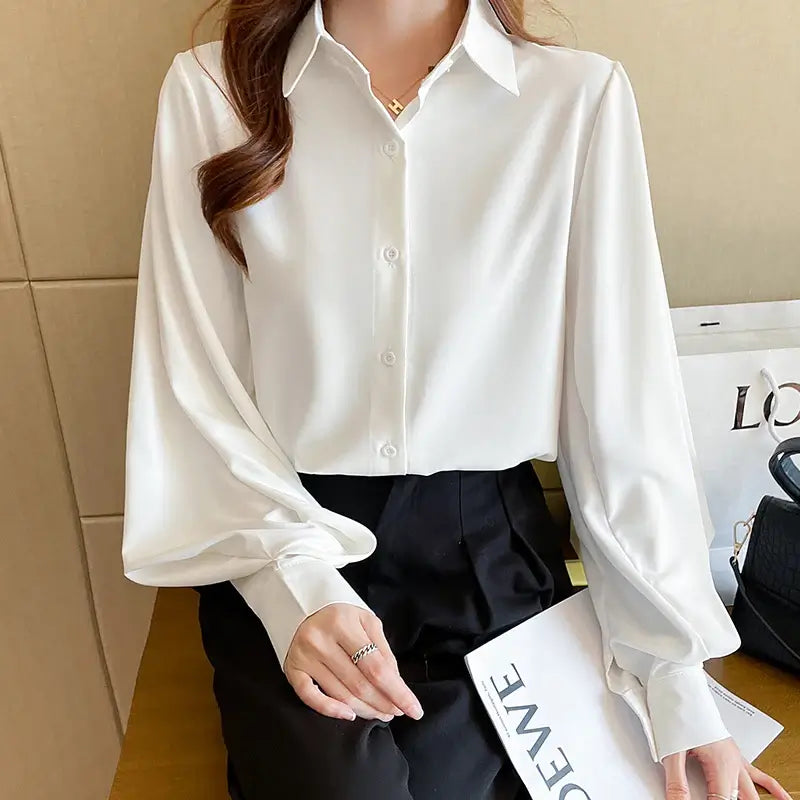 Office Lady Long Sleeve Turn Down Collar Women Shirt White Black