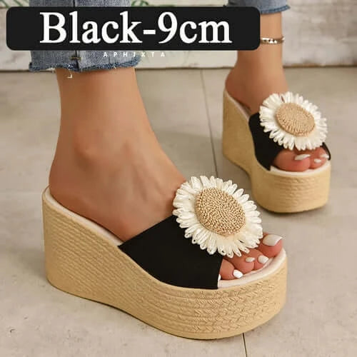 Aphixta Beige Summer 9cm Wedge Heels Slippers Women Bohemian Sunflower