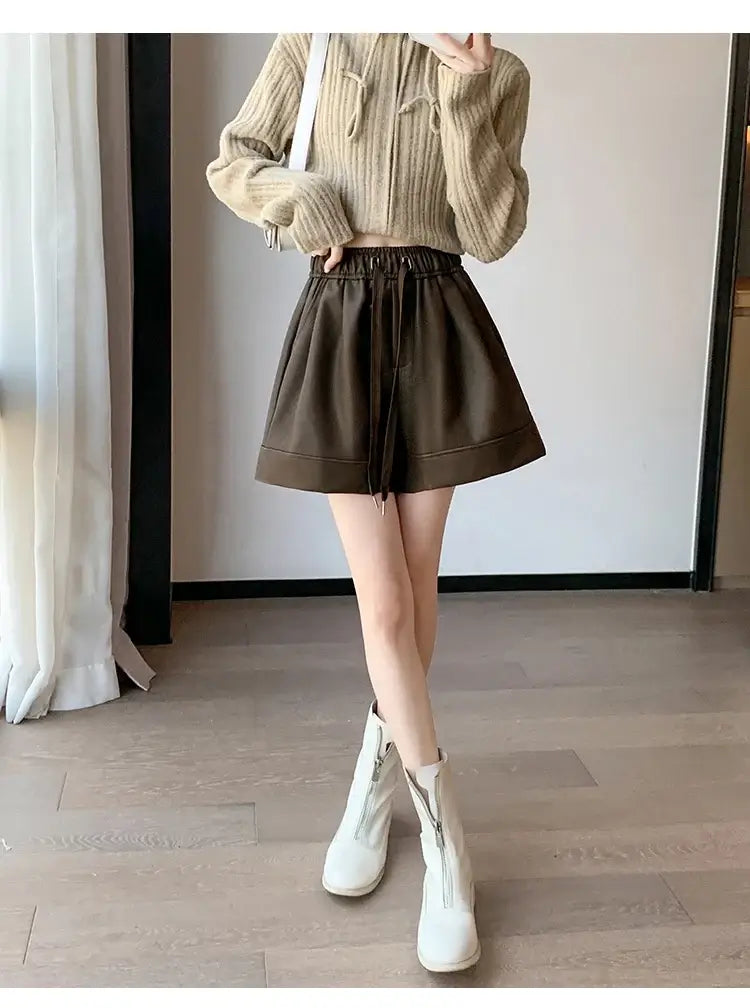High Waist PU Leather Shorts Women&